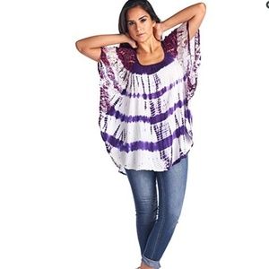 Tie & die kaftan style boho Top lace detail Medium